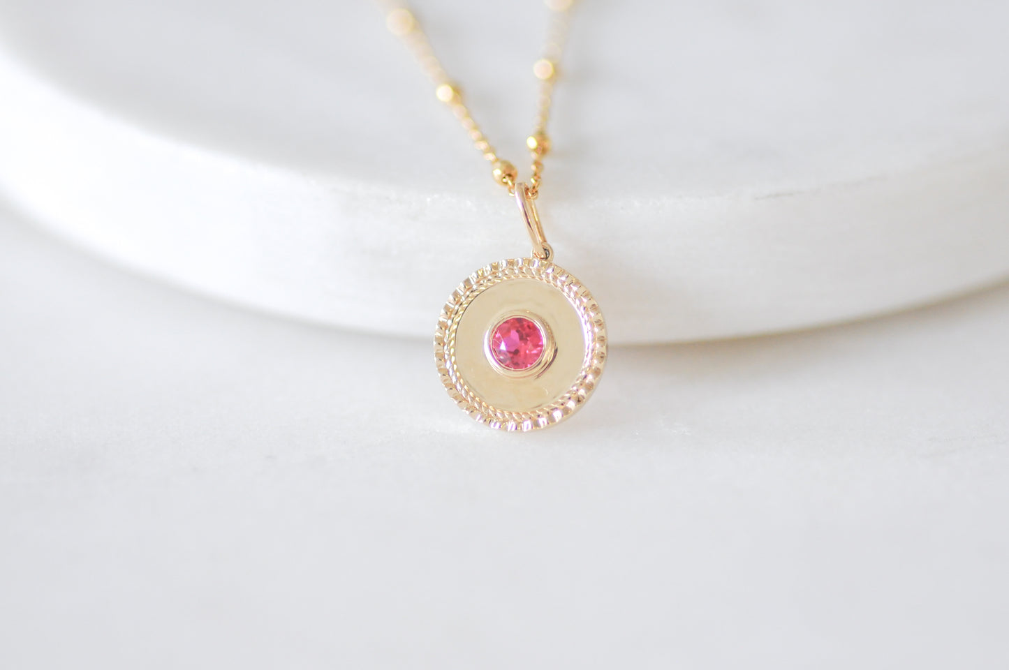 Round Birthstone Pendant with Detailed Edge